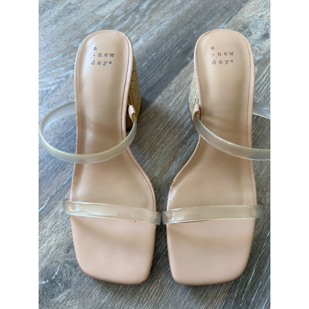 A New Day Womens Tan Clear Jelly Strap Raffia Block Heel Slide Sandals Size 7 - Picture 2 of 7